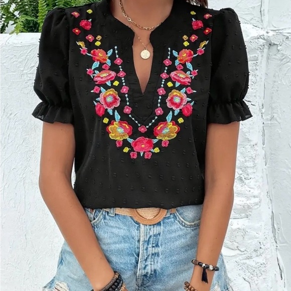 Boho Embroidered Black Puff Sleeve with Ruffled Mandarin Collar - Picture 2 of 12